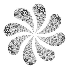 Sensor gear icon rotation burst turbine fireworks shape. Turbine whirlpool created from scattered sensor gear items.