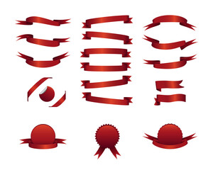 Set of red ribbon banners. Color vector illustration for advertising, greeting cards. White isolated background.