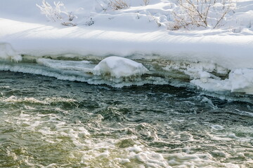 Winter landscape with a fast river with ice-free water, snow