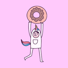 Cute boy wearing unicorn costume with donut. illustration for t shirt, poster, logo, sticker, or apparel merchandise.