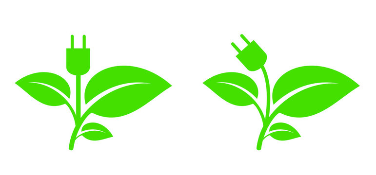 Cartoon green bio or eco power icon or symbol. Natural nergy sveing leaves and electric plugs. Electrical cable plug with leaf. Ecology concept