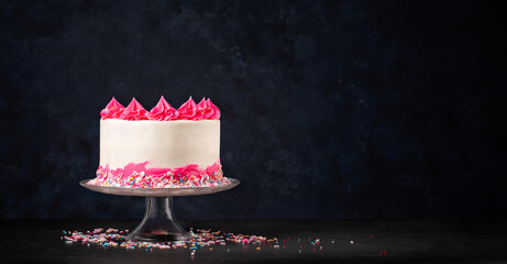 Pink and white Birthday Cake on dark background. - 486351939