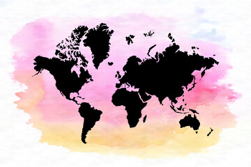 Black World Map on colorful watercolor background