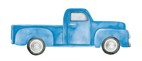 Watercolour illustration of blue pickup truck. Hand painted water color graphic drawing on white background, cut out clip art element for design decoration, invitation, poster, sticker, festive print. © Julija
