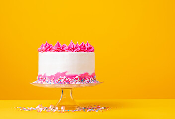 Pink and white Birthday Cake on a Yellow Background - 486352195