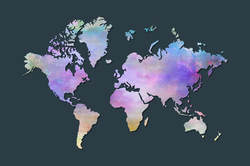 Colorful watercolor World Map on gray background