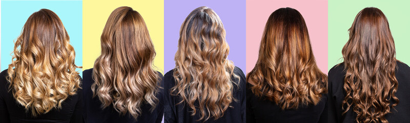 collage with many balayage hairstyles of women with long curly and straight hair