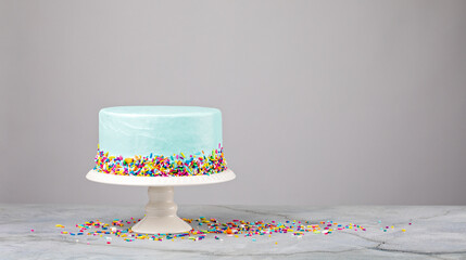 Blue Cake with colorful sprinkles on a white stand - 486352522