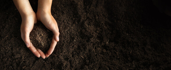 Top view of farmer woman hand holding compost fertile black soil background and copy space, Concept of Agriculture, gardening, Save World, Earth day and Hands ecology environment