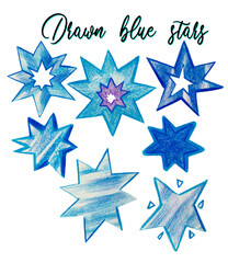 Obraz premium Pencil drawn blue stars clip art, hand drawn starry pattern, drawn blue stars background, shining, isolated kids pattern, isolated, cosmic 