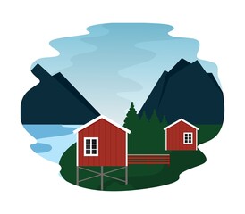 Village in the mountains landscape of the northern mountain valley with red houses. Rest in a mountain village on the shore of a lake and a river. Vector illustration in a flat style.