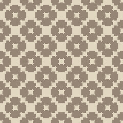 Vector geometric ornament in ethnic style. Abstract seamless pattern with squares, floral shapes, grid, lattice. Vintage retro texture. Simple brown and beige background. Repeat decorative design