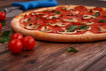 mushroom pizza on wooden background for menu