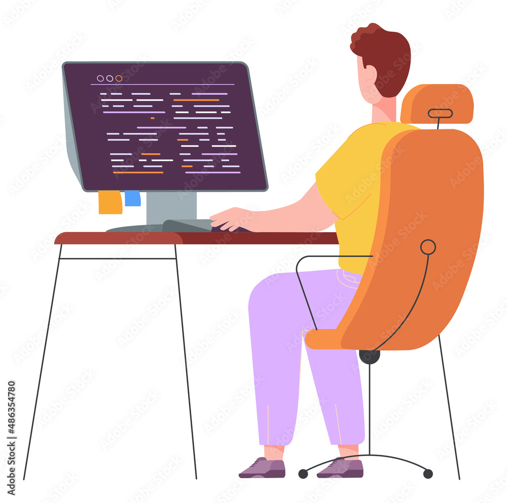 Poster man working at computer desk. programmer in remote office