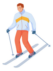 Guy skiing. Winter sport activity. Happy character
