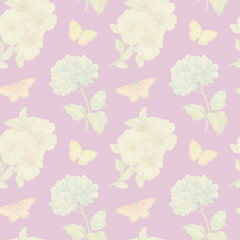 Delicate watercolor flowers and butterflies collected in a seamless pattern for design. Digitally processed seamless botanical pattern.
