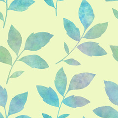 Prints of abstract branches with leaves repeating seamless pattern. Digital hand drawn picture with watercolor texture. Leaves seamless watercolor pattern. endless motif for textile decor and design