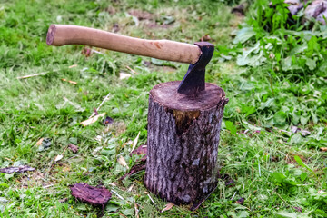 Stick an axe with a wooden handle into a stump against a background of green grass close-up. A tool...
