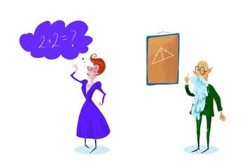 School teacher and a schoolboy making an explosion during a dangerous experiment with reagents at a chemistry lesson in a class, vector cartoon illustration on a white background