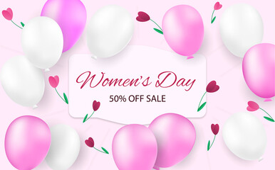 Women's Day Special Offer. 50% Off Sale banner design with white sheet, pink and white air balloons, flowers on rosy background. Women's Day Template. Vector illustration