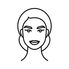 Beautiful female face. Black line icon. Avatar of pretty woman. Design element. Editable black stroke.
