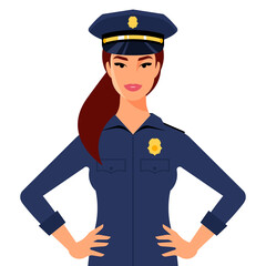 Female police officer. Portrait of beautiful woman cop in police uniform, golden badge, blue peaked cap. Girl officer the law, smile, white person, front. Vector illustration in modern flat style.