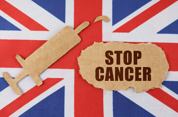 On the flag of Great Britain, the figure of a syringe and cardboard with the inscription - STOP...