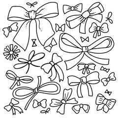 Vector bow set. Flat  hand drawn cartoon doodle style simple sketch collection of different shapes of bows and ribbons pattern in black and white
