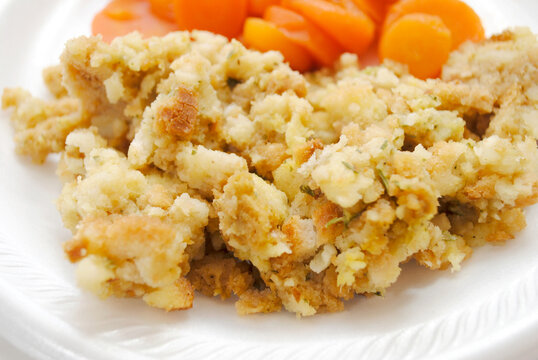 Prepared Bread Stuffing Served on a Plate	