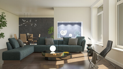 Illustration 3D rendering large luxury modern bright interiors Living room mockup computer digitally generated image