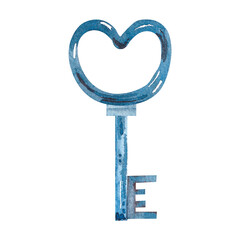 Watercolor heart-shaped door key on white background