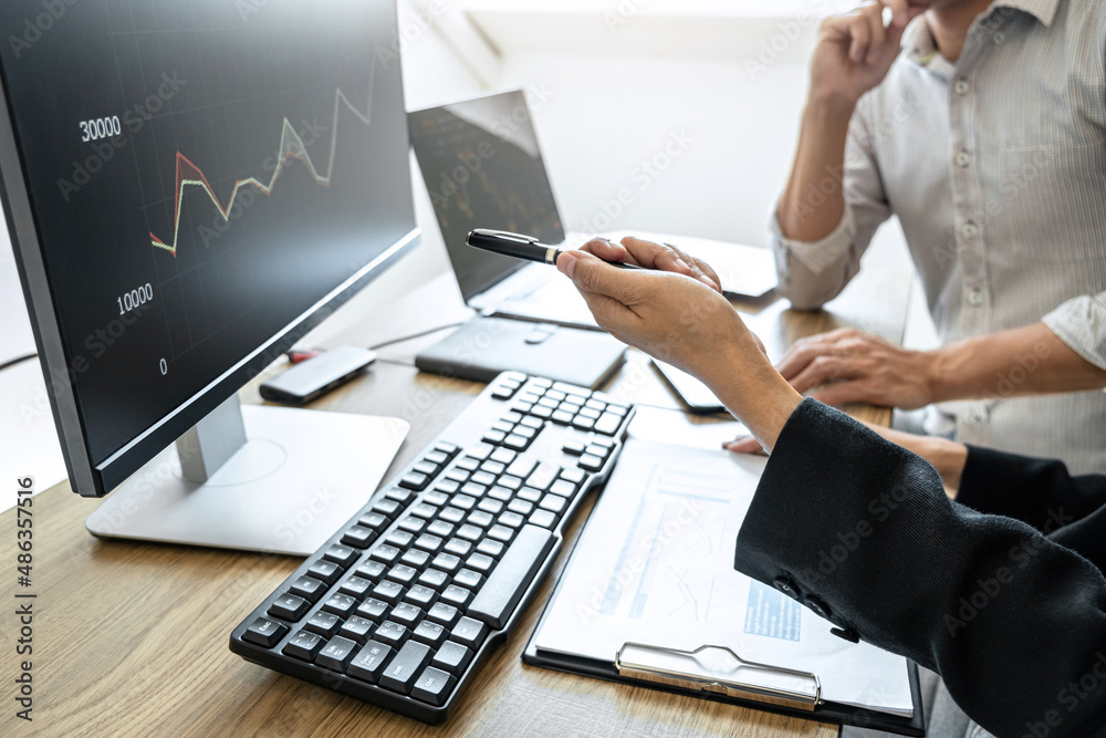 Poster business team investment working with computer, planning and analyzing graph stock market trading wi