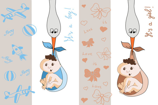 Fototapeta Baby shower greeting vector template for boy and girl with stork and inscriptions "Its a boy" and "Its a girl".