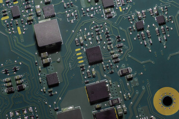 Electronic circuit. Electronic printed circuit board. Part of the motherboard of a desktop computer, laptop, radio elements