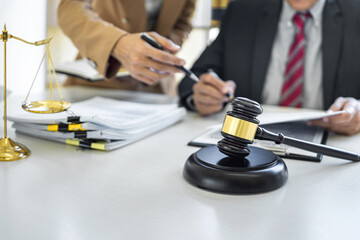 Good service cooperation, Consultation of Businesswoman and Male lawyer or judge counselor having team meeting with client, Law and Legal services concept