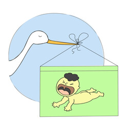 A stork carrying a newborn baby screaming in a box. Baby greeting card template