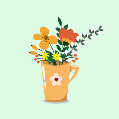 Vector illustration of cup coffee or tea. Sticker for calendar or notebook in flat style. Spring illustration cup of flowers.