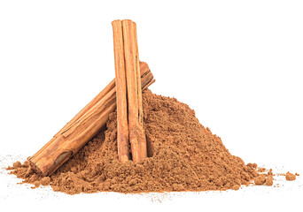 Ceylon cinnamon sticks with powder isolated on a white background - obrazy, fototapety, plakaty