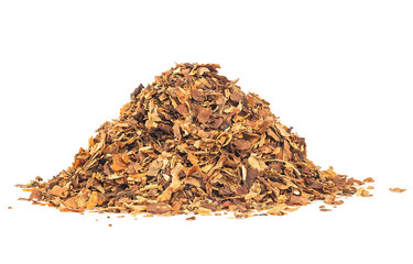 Dried tobacco pile isolated on a white background. Tobacco shag.
