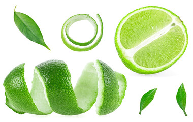 Lime fruit isolated on a white background - lime slice, zest of lime and leaves of lime tree.
