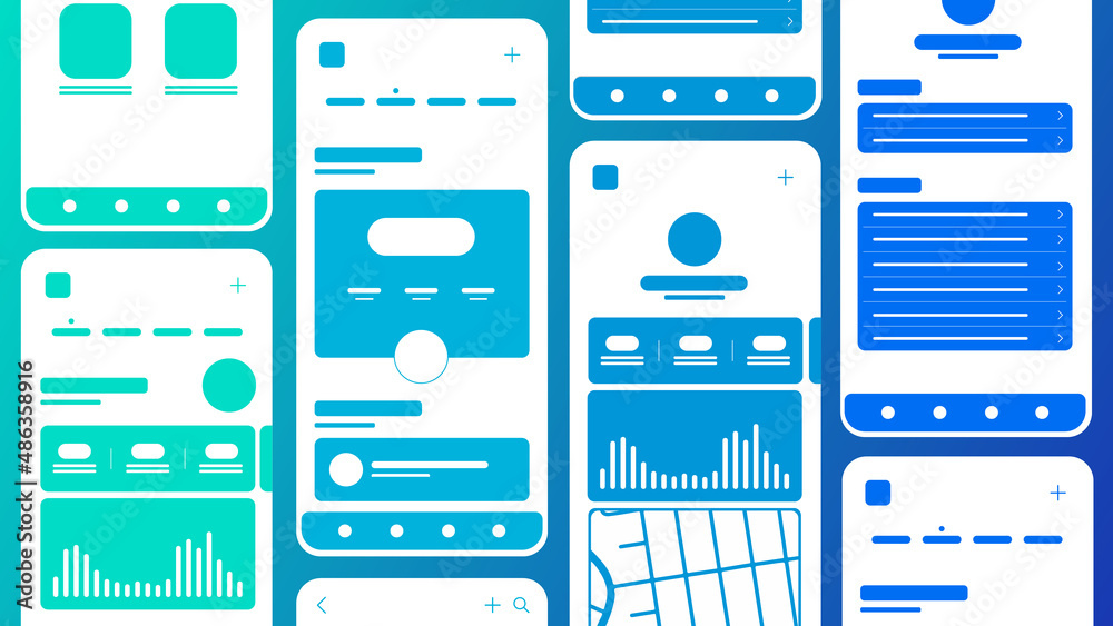 Aufkleber Set of UI UX Wireframes, GUI screens any app flat design template for mobile apps, responsive website application wireframes. Web design UI kit.