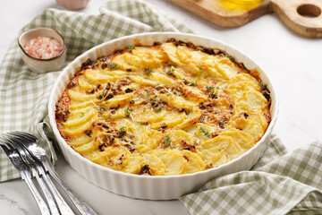 Slices potato casserole with red onions, fresh thyme and rosemary on green checkered kitchen towel , wooden board with flavoring ingredients: pepper, salt, olive oil