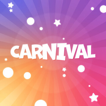 Word carnival on a gradient background with spheres and stars around it, in a square post format
