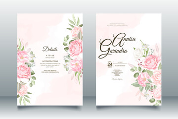  romantic  Wedding invitation card template set with  beautiful  floral leaves Premium Vector