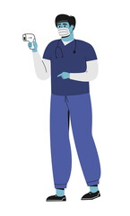 Cartoon illustration therapist man with non-contact infrared thermometer. Heat, fever, hyperthermia diagnostics. Temperature measurement control. Health care. Flat vector cute character. Isolated.