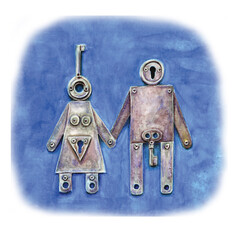 Watercolor drawing of male and female figures holding hands stylized as keys.