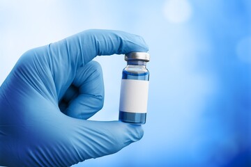 Hand in medical gloves holding a vaccine vial with Covid 19 Vaccine Booster text, for Coronavirus booster shot.