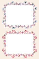 Decorative greeting cards with floral borders from delicate blue,pink and lilac daisies and bluebells