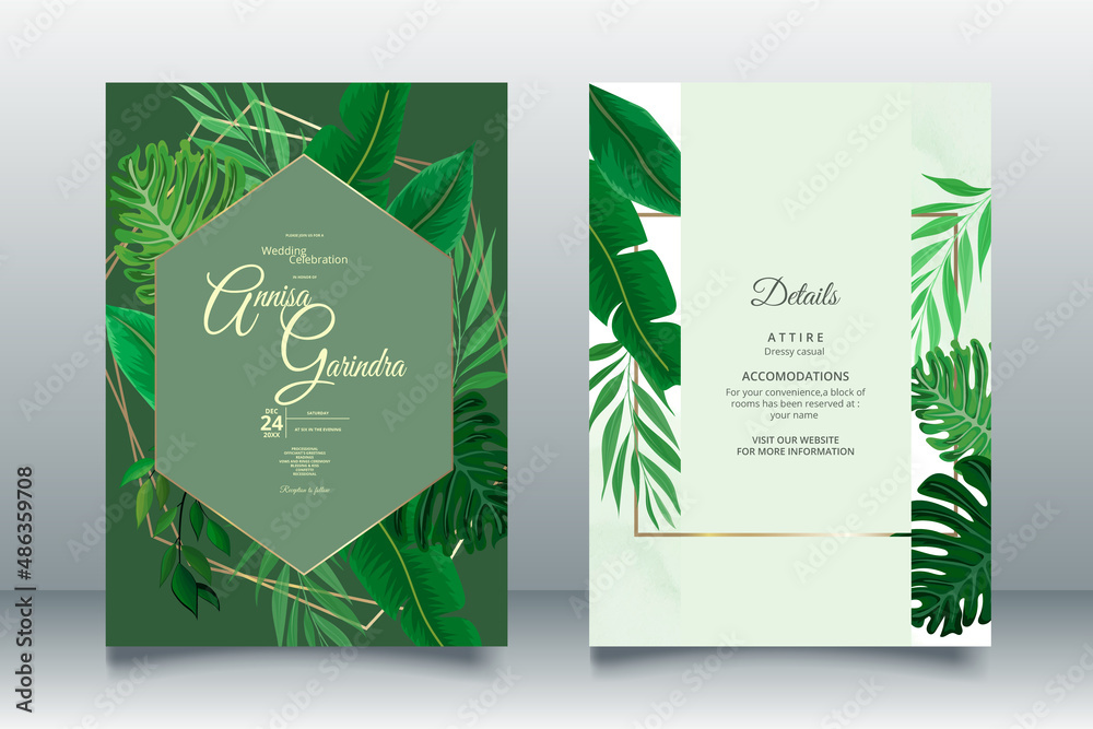 Canvas Prints Elegant wedding invitation card with tropical leaves template Premium Vector	 - Canvas Prints