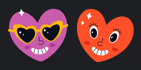 Cute cartoon hearts character in retro style with eyes. Hippie, psychedelic, retro and vintage style. Vector illustration